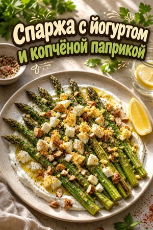 Спаржа на сковороде с копченым йогуртовым соусом и миндалем