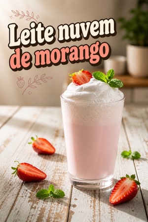 Leite nuvem de morango com espuma leve e hortelã cremosa