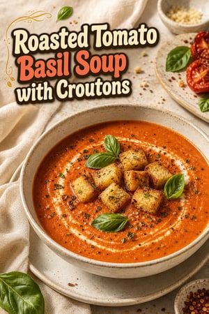 Creamy Roasted Tomato Basil Soup with Garlic Croutons