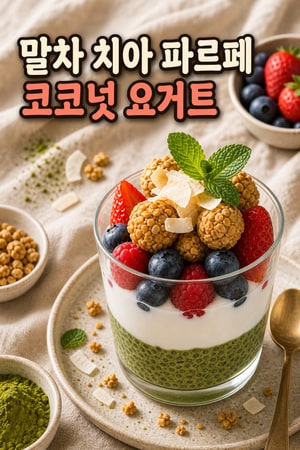 집에서 간편하게 만드는 영양 가득 크리미 말차 치아 파르페(코코넛 요거트·생베리·그래놀라)