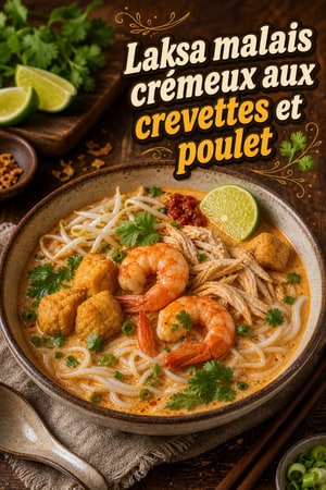 Laksa malais crémeux aux crevettes et poulet parfumé maison