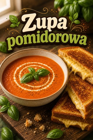 Kremowa zupa pomidorowa z bazylią i grillowanym serem