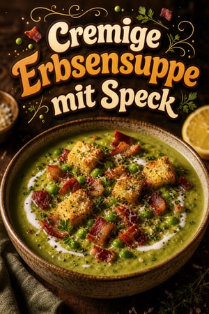 Cremige Erbsensuppe mit Speck und Parmesan-Croutons