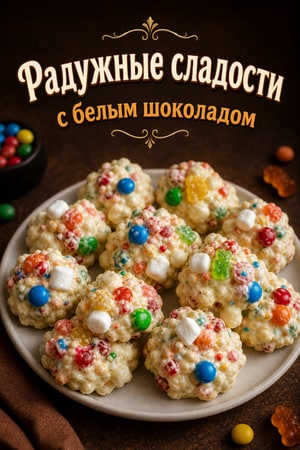 Радужные сладости с цветными конфетами и белым шоколадом