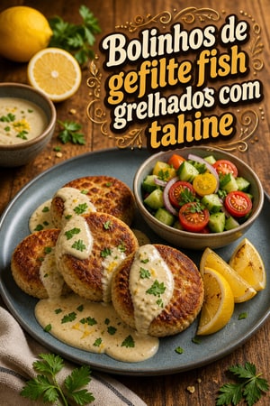 Bolinhos de gefilte fish grelhados com tahine e limão