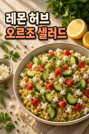 상큼한 레몬 허브 오르조 샐러드: 페타 치즈와 병아리콩의 조화