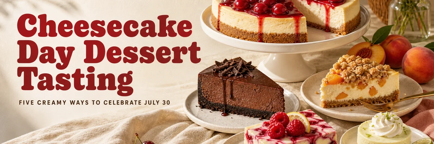 Five cheesecake variations on a summer dessert table beside Cheesecake Day headline text.
