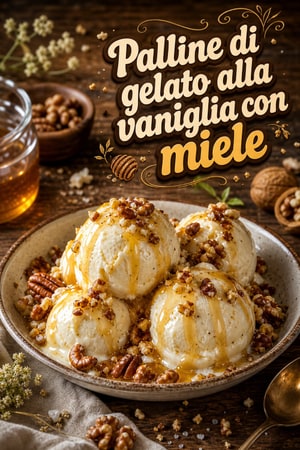 Palline di gelato alla vaniglia con miele caldo e noci