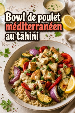 Bowl de poulet méditerranéen sur plaque au citron et tahini