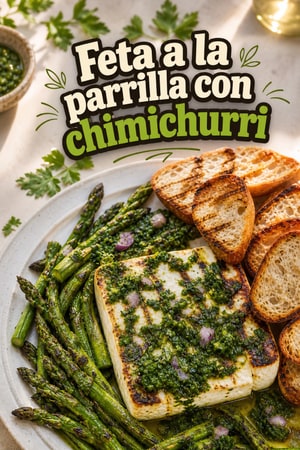 Feta a la parrilla con chimichurri de espárragos