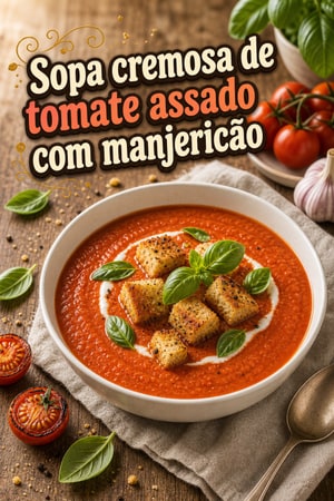 Sopa cremosa de tomate assado com manjericão e croutons