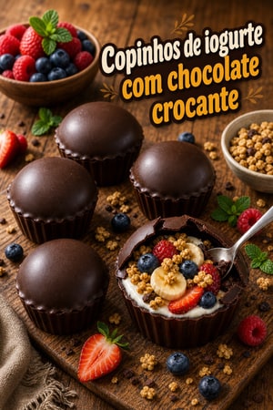 Copinhos de Iogurte com Casca de Chocolate e Fruta