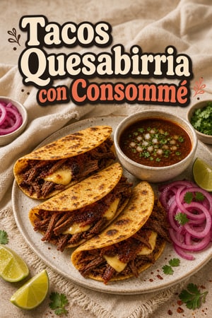 Quesabirria Tacos con Consommé e Cipolle in Agrodolce