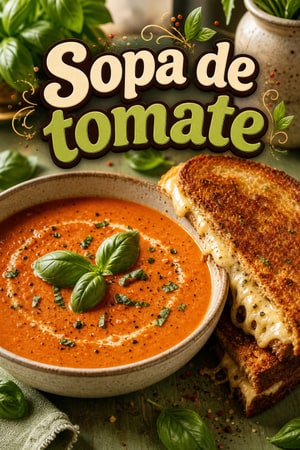 Sopa cremosa de tomate y albahaca con sándwich crujiente