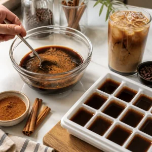 Cinnamon stirred into coffee before freezing