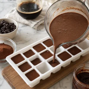 Mocha coffee mixture poured into ice cube trays
