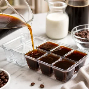Strong coffee poured into an ice cube tray