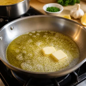 Сливочное масло тает в оливковом масле на горячей сковороде
