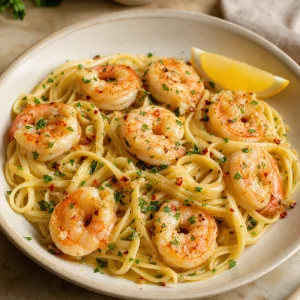 Finished shrimp scampi with linguine, lemon, garlic butter, and parsley