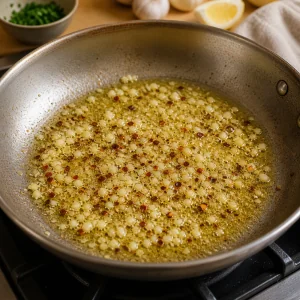 Рубленый чеснок и хлопья чили шипят в растопленном масле
