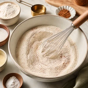 Misturando açúcar, farinha, semolina, fermento, sal e canela em uma tigela