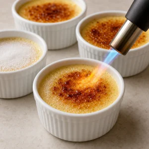 A kitchen torch caramelizing sugar on vanilla creme brulee in white ramekins