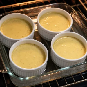 Baked vanilla custards set at the edges in ramekins inside a water bath
