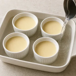 Clear hot water pouring around custard-filled ramekins to form a water bath