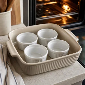 Four empty white ramekins arranged in a deep baking dish beside a warm oven