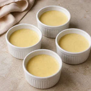 Four set vanilla custards cooling in white ramekins on a stone counter