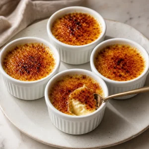 Four vanilla creme brulees with caramelized sugar crusts, one cracked open with a spoon