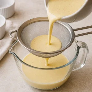 Smooth vanilla custard pouring through a fine sieve into a glass measuring cup