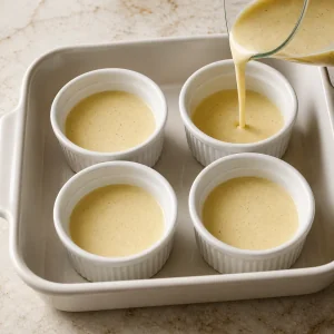 Vanilla custard being poured evenly into four white ramekins in a baking dish