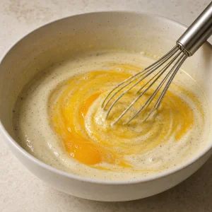 Vanilla custard with egg yolks being whisked smooth in a mixing bowl