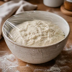 Bread dough covered with plastic wrap in a bowl