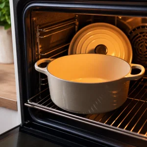 Empty Dutch oven preheating inside an oven