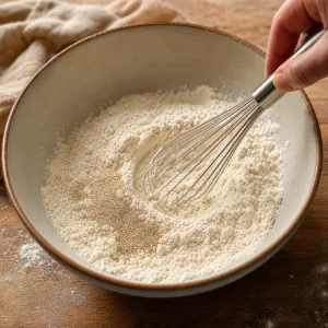 Flour and yeast whisked in a mixing bowl