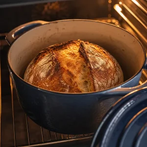 Golden artisan bread baking uncovered in a Dutch oven