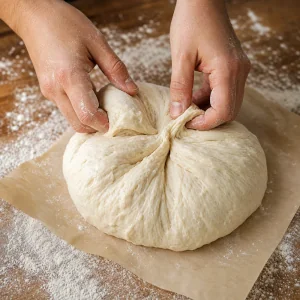 Risen bread dough folded into a round on parchment
