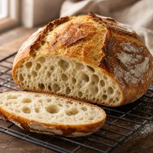 Rustic artisan loaf cooling on a rack with an airy crumb