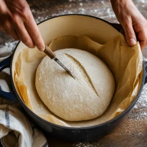 Scored bread dough resting on parchment in a Dutch oven