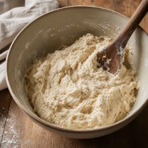 Shaggy wet bread dough stirred with a wooden spoon