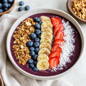 Finished acai-blueberry smoothie bowl with granola, banana, strawberries, coconut, and blueberries