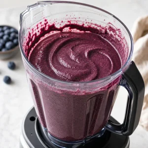 Smooth deep purple acai-blueberry mixture freshly blended in the blender jar