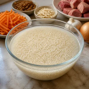 Basmati rice soaking in a glass bowl of water