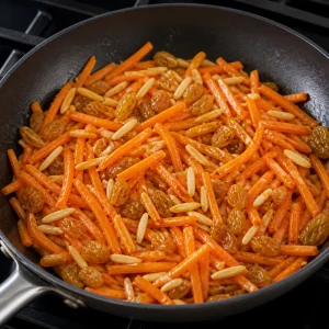 Carrots, raisins, and almonds cooking in a skillet