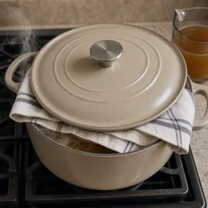 Covered pot steaming rice with a towel under the lid