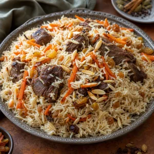 Finished Kabuli pulao with lamb, carrots, raisins, and almonds