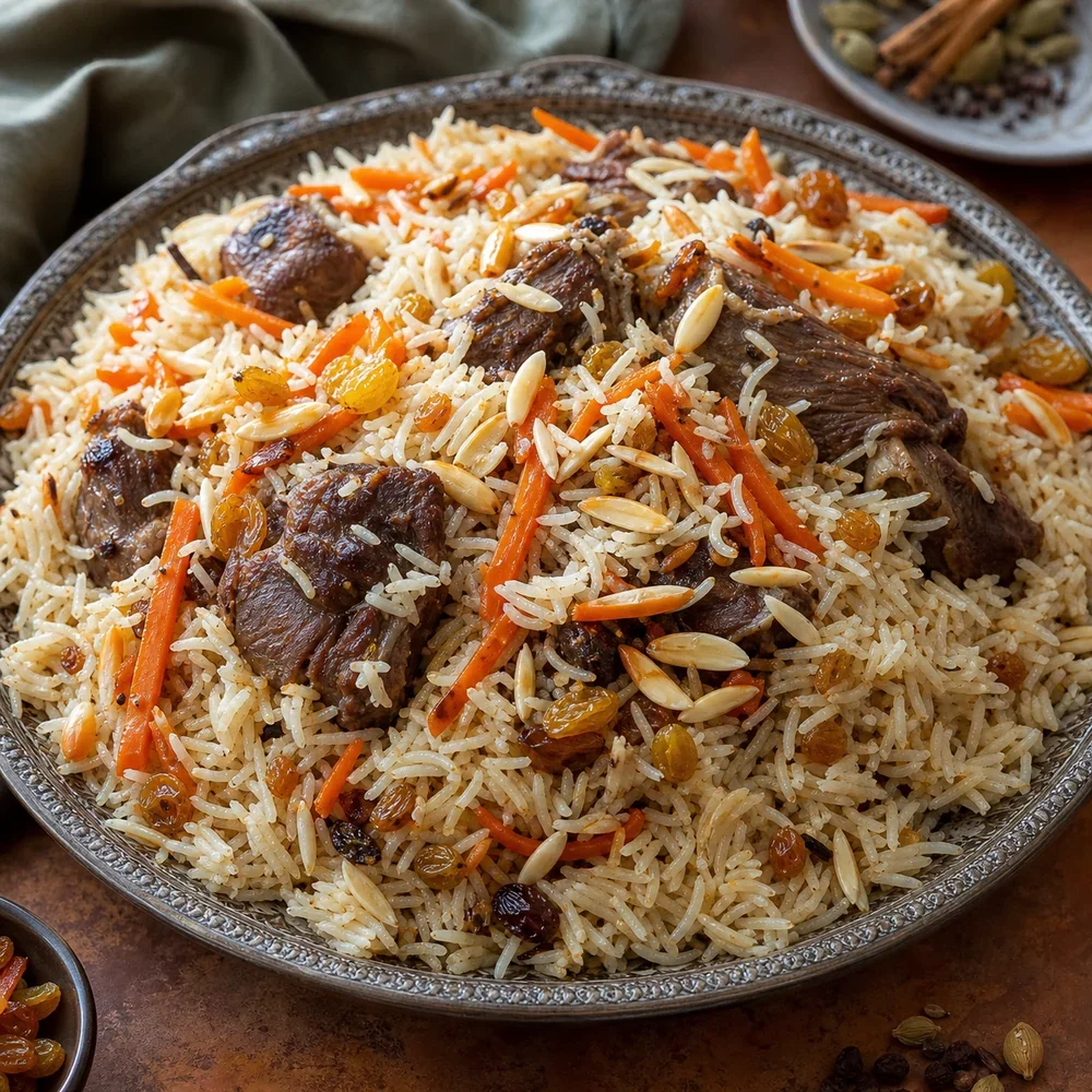 Finished Kabuli pulao with lamb, carrots, raisins, and almonds