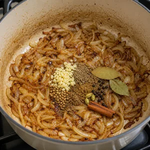 Golden onions mixed with garlic and spices in a pot